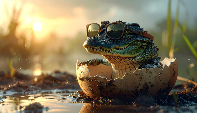 Cute baby alligator hatching from egg wearing sunglasses enjoying a sunny day in a swampy environment