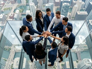 Fototapeta premium A diverse corporate team stands in a circle, joining hands atop a high-rise with a cityscape view.