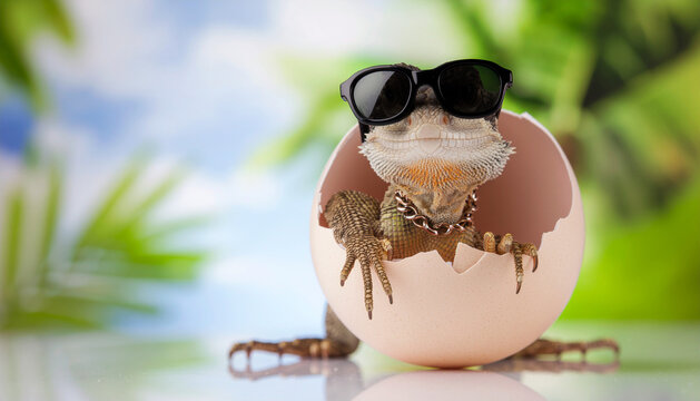 Cute baby lizard hatching from egg wearing sunglasses, ready for summer vacation in tropical paradise