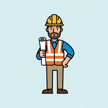 Cartoon construction worker with blueprint.