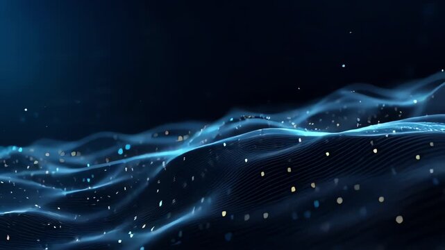 Digital Sea: Abstract, digital representation of a luminous, flowing sea of data, rendered in vibrant shades of blue, and speckled with shimmering particles.
