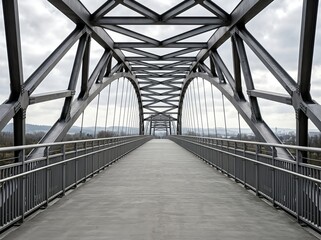 Fototapeta premium A symmetrical steel bridge extends into the horizon under a cloudy sky, suggesting a journey into the unknown.