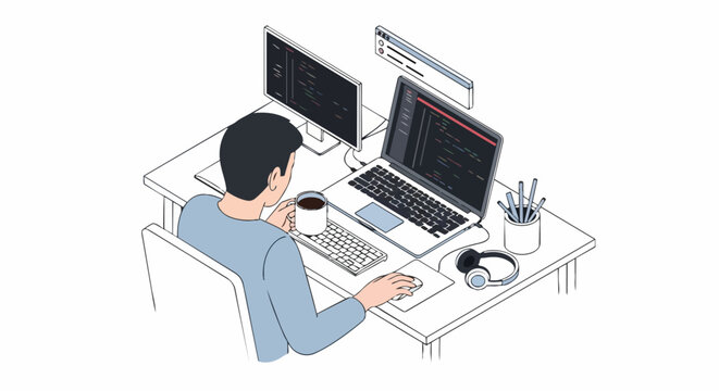 Software Developer Working on Computer Code at Desk Isometric Illustration - Programmer in Modern Home Office Workspace