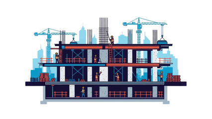 Obraz premium Building construction cross-section vector illustration. Workers, foundation, rebar, and cranes on a modern development site.