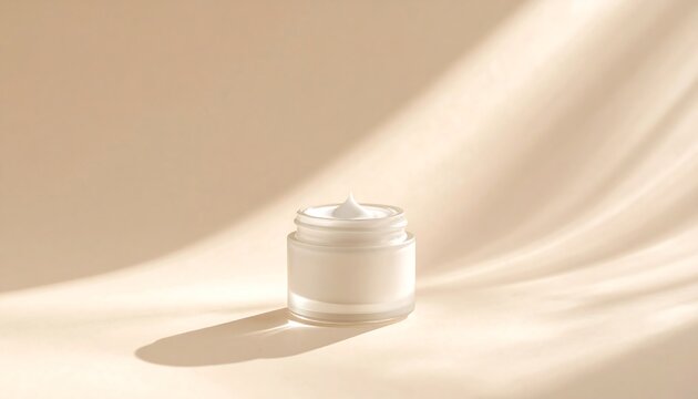 A glass jar of white cream on a beige fabric background with soft lighting