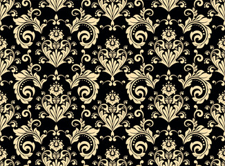 Obraz premium Wallpaper in the style of Baroque. Golden and black floral ornament. Seamless vector background. Graphic pattern for fabric, wallpaper, packaging. Ornate Damask flower illustration