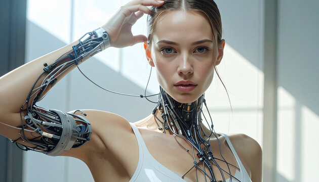 Woman with robotic arm and wires poses in modern room with technology concept