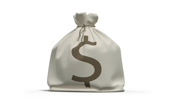 3D Rendering of a Canvas Money Bag with Dollar Symbol on Transparent Background