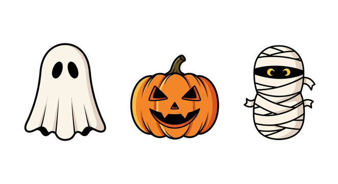 Cute Halloween Cartoon Characters Ghost Jack-O-Lantern and Mummy