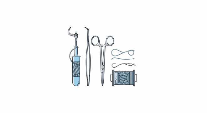 Surgical instruments including forceps, scissors, and suture material