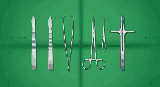 Surgical instruments laid out on a green background