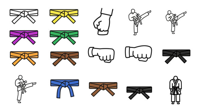 Minimalist outlined icon set showcasing martial arts elements, including karate belts of various colors representing skill levels, punching fists, and stylized figures demonstrating kicking 