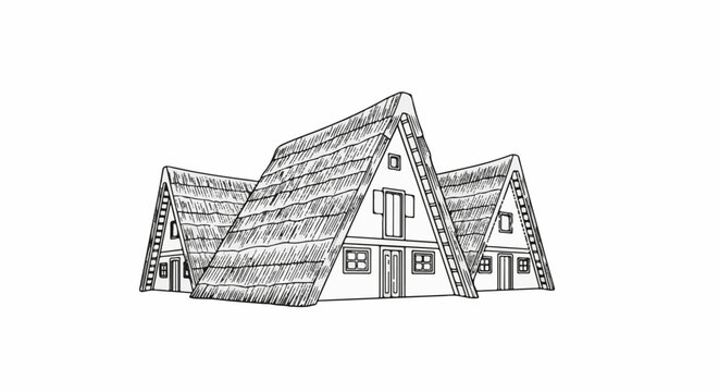 Three thatched roof A-frame style houses drawn with a sketch effect