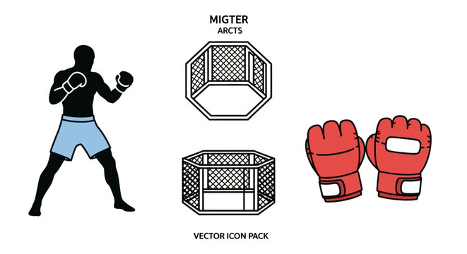 Minimalist vector pack showcasing mixed martial arts elements silhouette fighter in a stance, octagonal fighting cages, and professional gloves set against white background design.