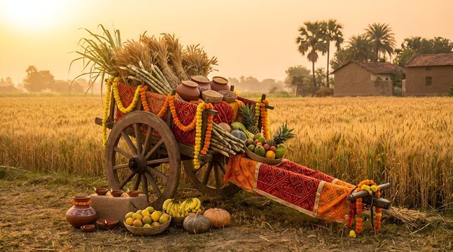 Rustic traditional Indian bullock cart adorned with marigold garlands, loaded with abundant fresh harvest grains, fruits and sugarcane in golden wheat field at serene sunset