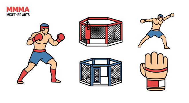 Set of isolated linework vector images depicting elements and characters of Mixed Martial Arts (MMA) including boxer, octagon cage, glove, and fight scene in action, with a flat and minimali
