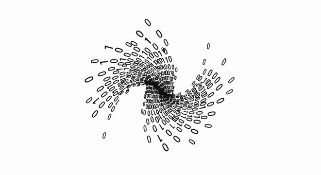 Swirling binary code forms a digital vortex on a white background