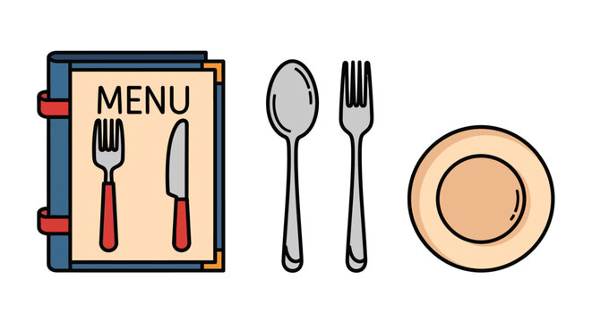 Minimalistic and simplistic vector representation of a restaurant menu, next to silverware spoon, fork, knife, and empty plate, ideal for cafe or diner branding in a flat design style.
