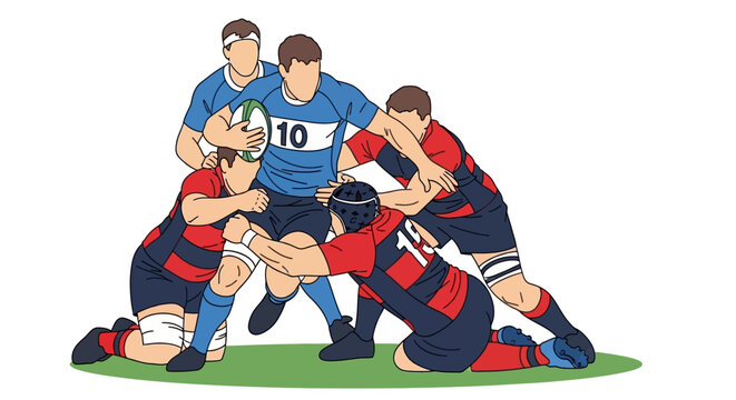 Dynamic stylized vector illustration of a rugby match scrum. Players in action, tackling and competing for the oval ball, showcasing teamwork and athleticism in a vibrant, outlined art style