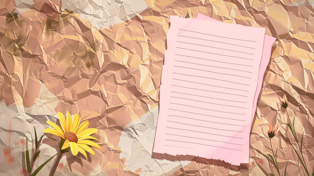 Copyspace design wrinkled paper sticky notes white pink yellow flower green leaves background