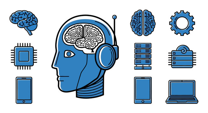 A stylized, vector graphic depiction of a futuristic robot head with a visible brain, surrounded by icons symbolizing artificial intelligence, data processing, technology, and futuristic con