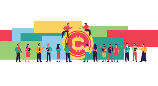 Flat minimalist illustration of crypto community,