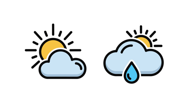 Weather icons showing sun behind cloud and rainy cloud with sun element on white background in flat design style for meteorological forecasting