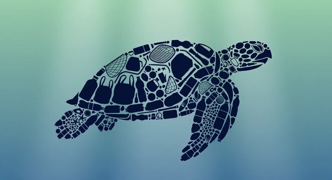 Ocean plastic pollution illustration of a sea turtle swimming underwater