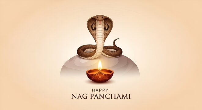 Happy Nag Panchami Indian festival greeting card with king cobra snake and diya illustration 