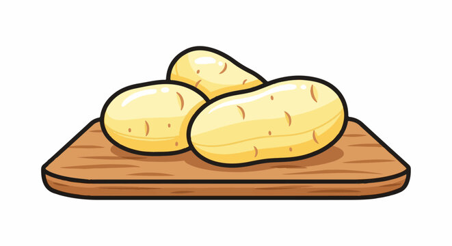 Three yellow potatoes sit on a wooden cutting board