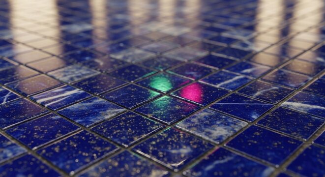 Polished Lapis Lazuli Tiles Forming a Deep Blue Mosaic Pattern with Flecks of Gold and Reflective Surfaces