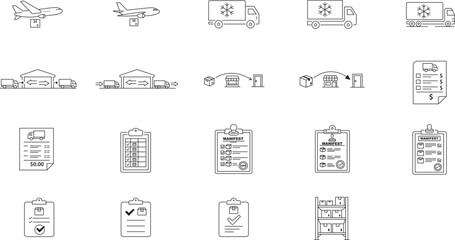 Logistics and Shipping Vector Icon Set: 19 Minimalist Black Line Icons featuring Cold Chain Trucks, Air Freight, Dropshipping, Cross-docking, Warehouse Inventory, Manifests, and Proof of Delivery. © DALIM