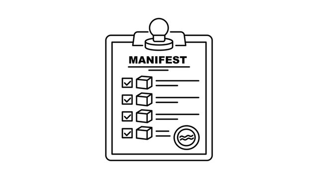 Manifest Document Vector Icon: A Minimalist Black Line Illustration on a White Background Representing a Shipping Manifest on a Clipboard with Checkboxes, Package Boxes, and a Stamp Seal.