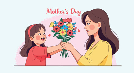 Little girl giving a beautiful bouquet of flowers to her mother on Mothers Day.