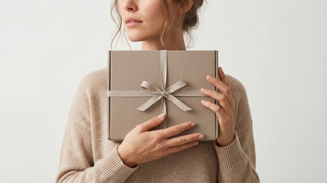 Woman holding a carefully wrapped gift box with a taupe ribbon tied in a bow, soft lighting