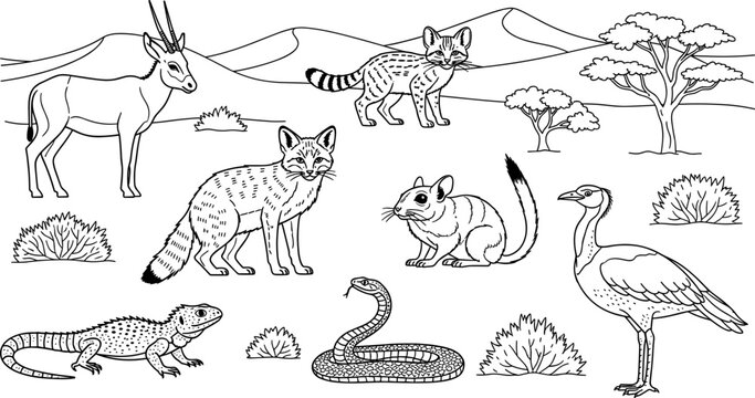 African Savanna Wildlife Scene with Gazelle, Genet, Sand Fox, Lizard, Snake, Gerbil, and Bustard in Black and White Line Art