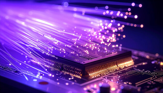 Futuristic photonic chip with glowing fiber optic light trails