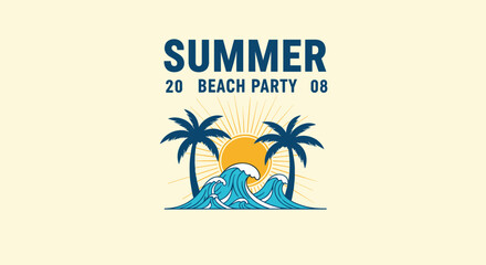 Fototapeta premium Minimalist summer beach party logo featuring blue palm tree silhouettes, golden sun, and ocean waves on a cream background.