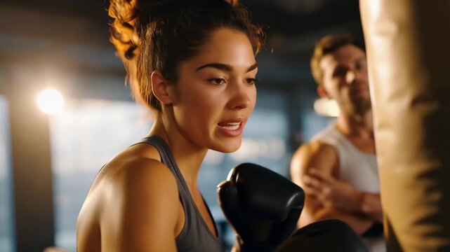 A boxing class in progress with participants focusing on the punching bag, illustrating the supportive community aspect of fitness training while enhancing their skills in a friendly and motivating