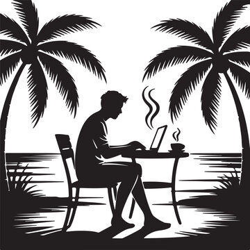 Digital Nomad freelancing work at a Beach Cafe when travelling, flat black vector illustration