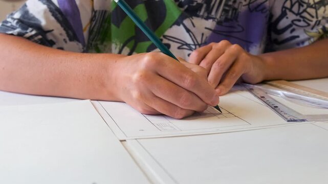 designer drawing furniture layout plan on paper with ruler, planning interior design project, measuring and sketching room arrangement, architecture and home planning