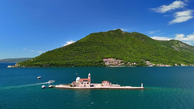 Aerial view of islands in the Bay of Kotor, featuring Our Lady of the Rocks Church and the Saint George Benedictine Monastery, Montenegro. 