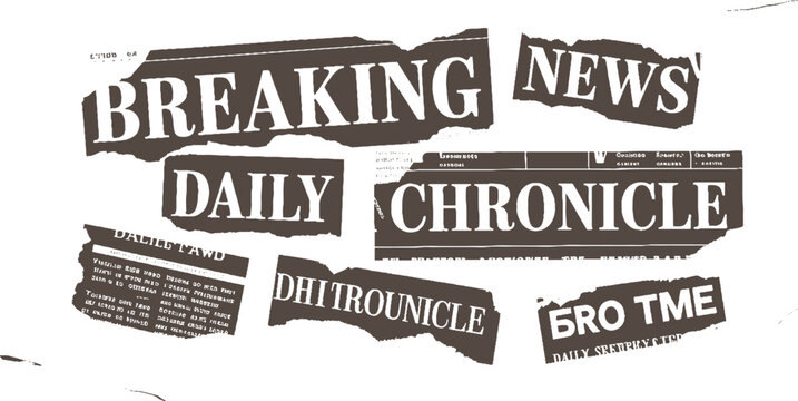 Torn newspaper fragments with headlines Breaking Daily Chronicle and 5ro Tme