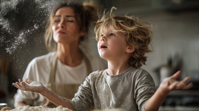 Mother and kid messing up in the kitchen