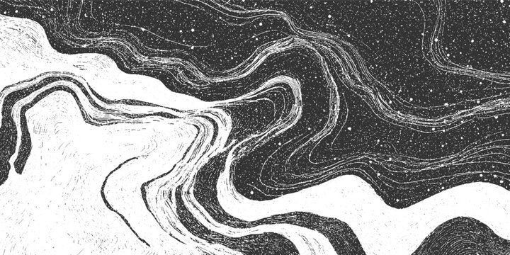 Abstract monochrome swirling lines and speckles resembling cosmic dust or marbled paper black white