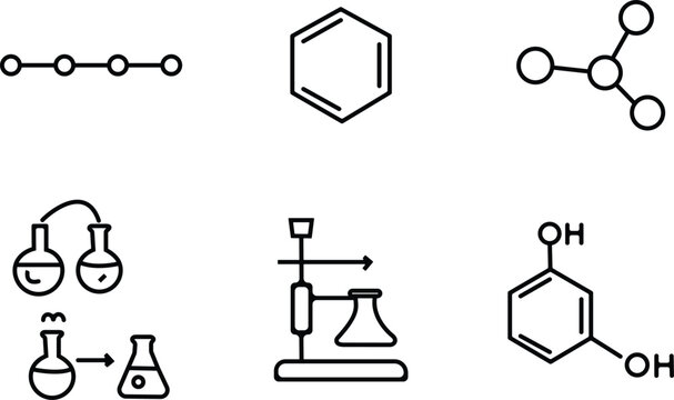 Chemistry icons set molecules lab equipment and chemical structures illustration