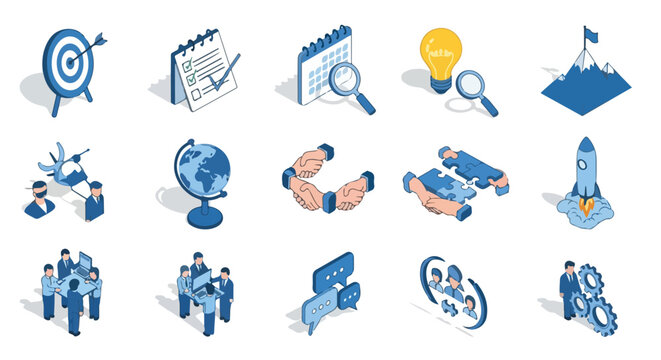 This is a set of fifteen isometric icons in blue and white, illustrating various business concepts like strategy, teamwork, and growth.