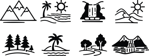 Fototapeta premium Minimalist black and white travel icons mountains beaches forests and rural scenes