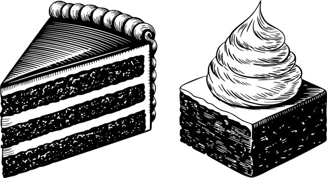 Vintage woodcut style slice of layered cake and square cake with swirl of frosting