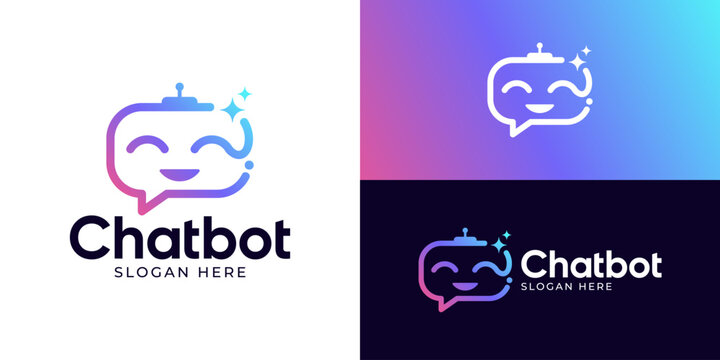 Modern simple chat bot logo template. Virtual smart assistant Bot vector logo design illustration.